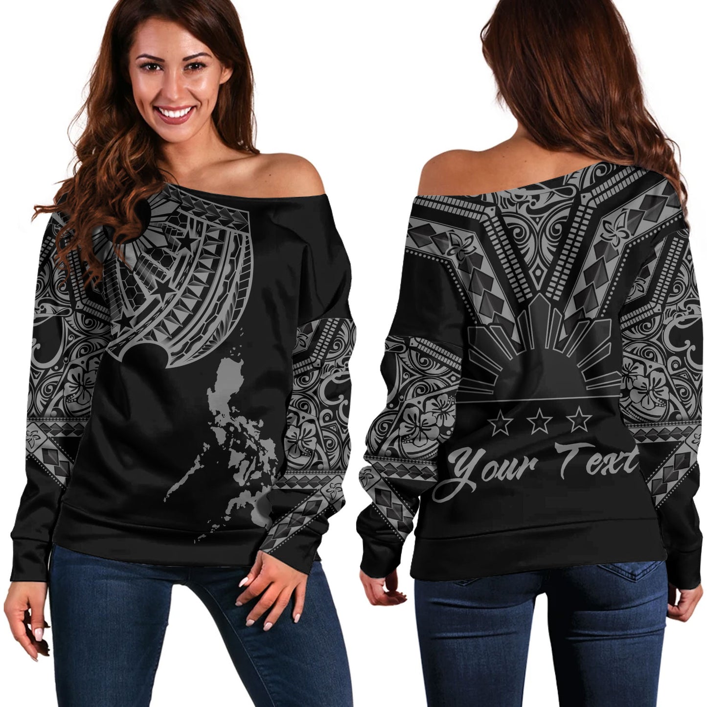 Philippines Filipinos Custom Personalised Off Shoulder Sweatshirt Filipinos Sun Tatau Tribal Patterns