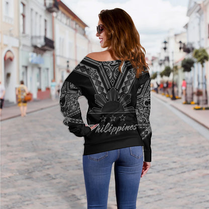 Philippines Filipinos Custom Personalised Off Shoulder Sweatshirt Filipinos Sun Tatau Tribal Patterns