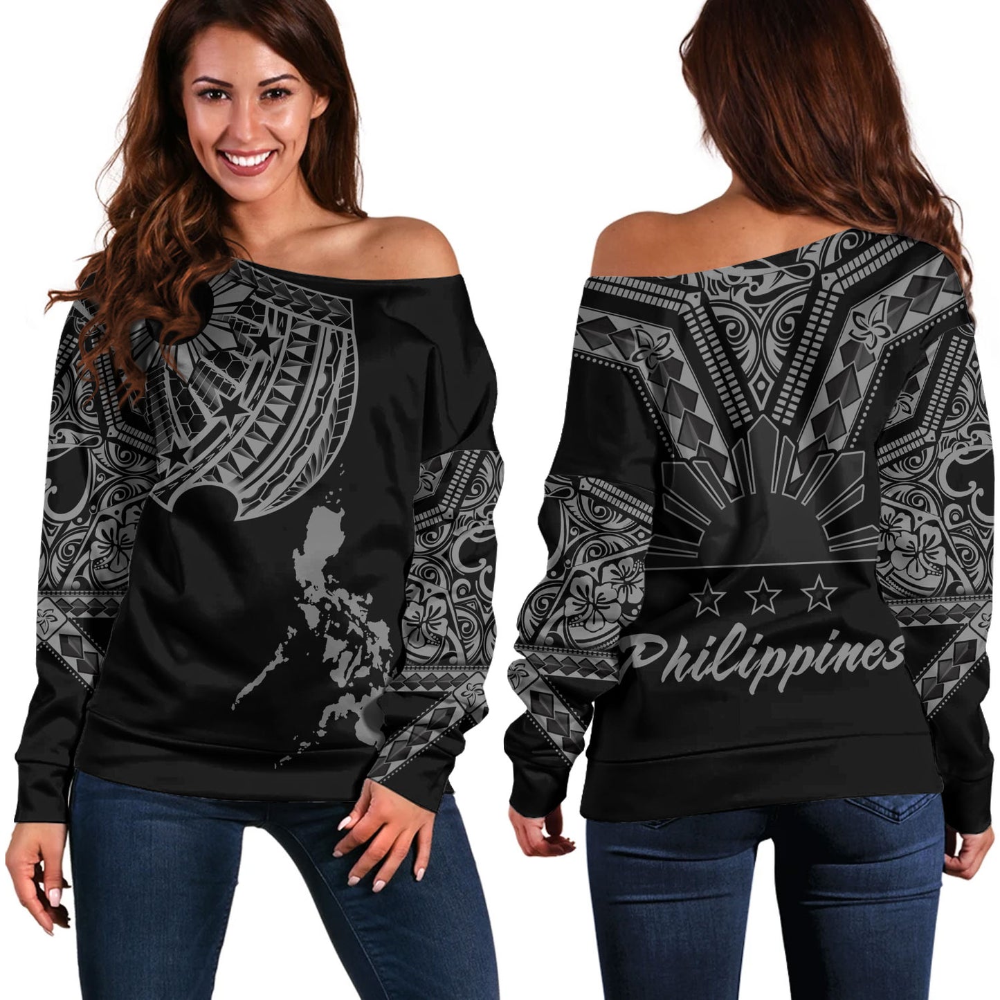 Philippines Filipinos Custom Personalised Off Shoulder Sweatshirt Filipinos Sun Tatau Tribal Patterns