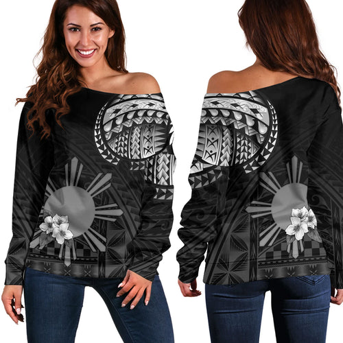 Philippines Filipinos Off Shoulder Sweatshirt Filipinos Sun Tribal Patterns Jasmine Flowers Style