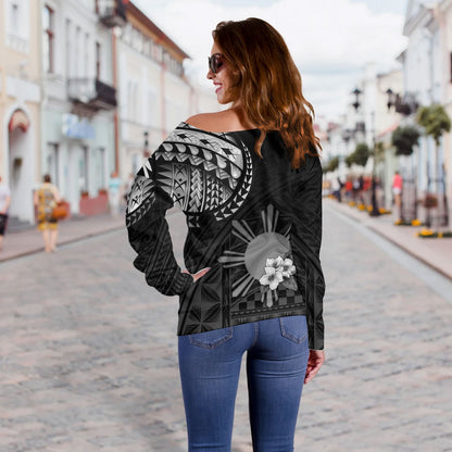 Philippines Filipinos Off Shoulder Sweatshirt Filipinos Sun Tribal Patterns Jasmine Flowers Style