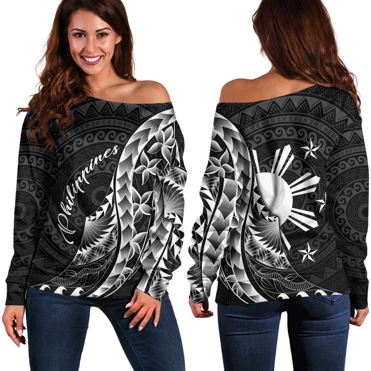 Philippines Filipinos Custom Personalised Off Shoulder Sweatshirt Filipinos Sun Tribal Patterns Style
