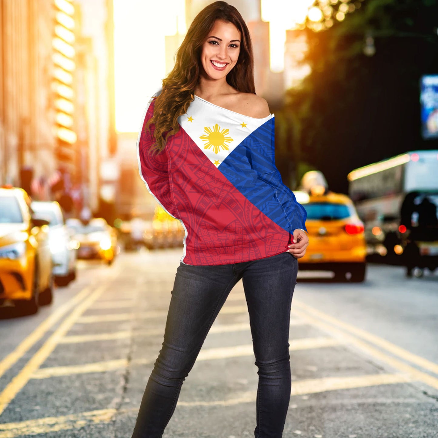 Philippines Filipinos Off Shoulder Sweatshirt Flag Style