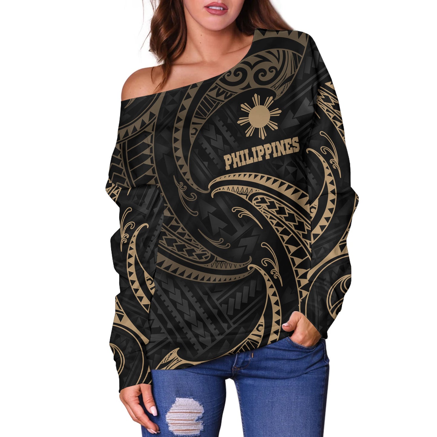 Philippines Filipinos Off Shoulder Sweatshirt Gold Tribal Wave