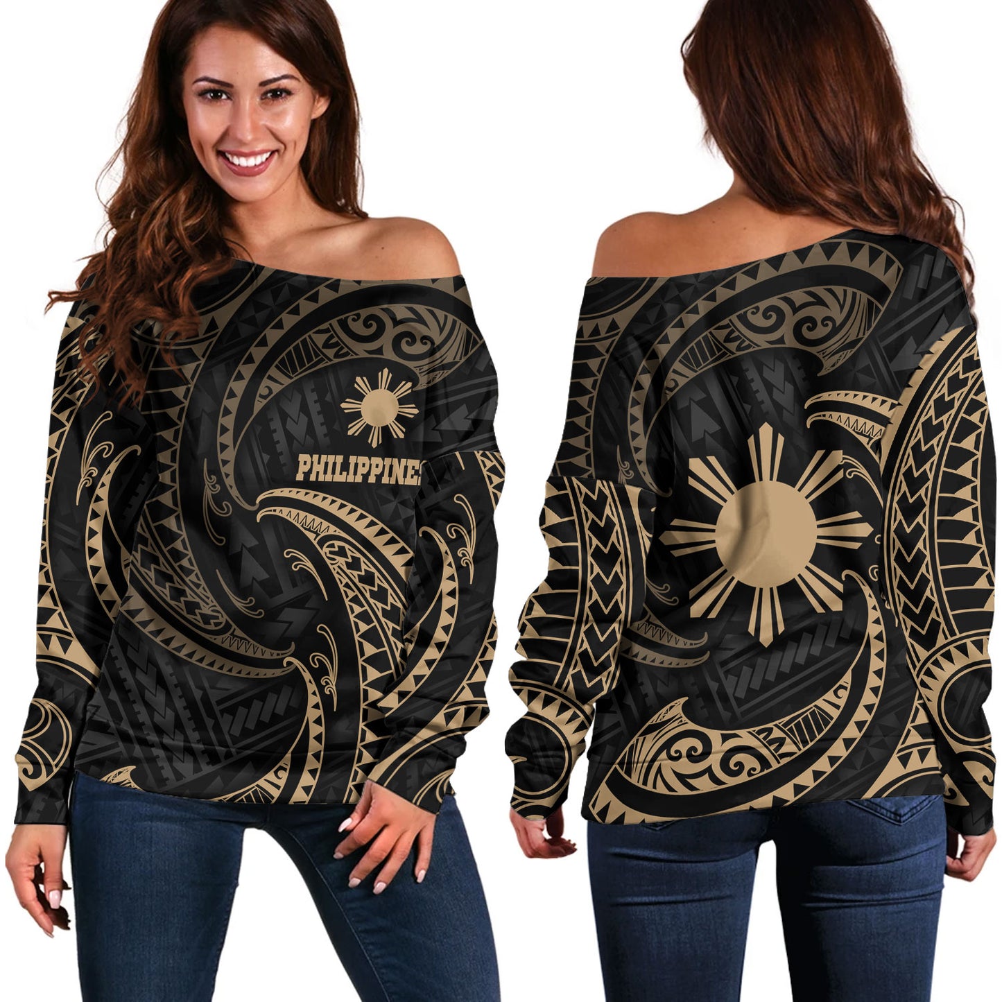 Philippines Filipinos Off Shoulder Sweatshirt Gold Tribal Wave