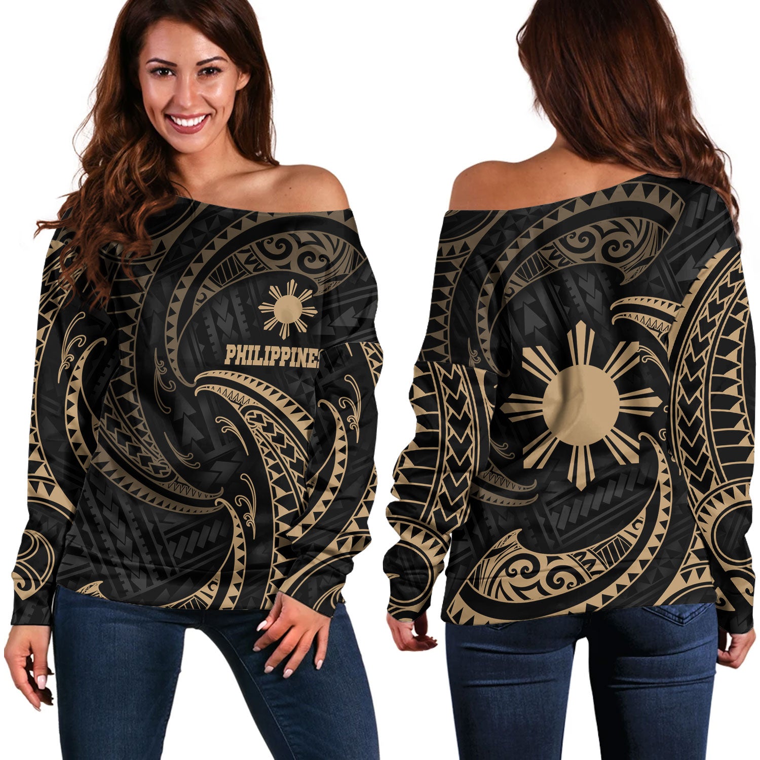 Philippines Filipinos Off Shoulder Sweatshirt Gold Tribal Wave