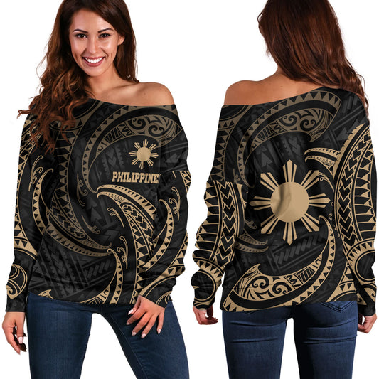 Philippines Filipinos Off Shoulder Sweatshirt Gold Tribal Wave