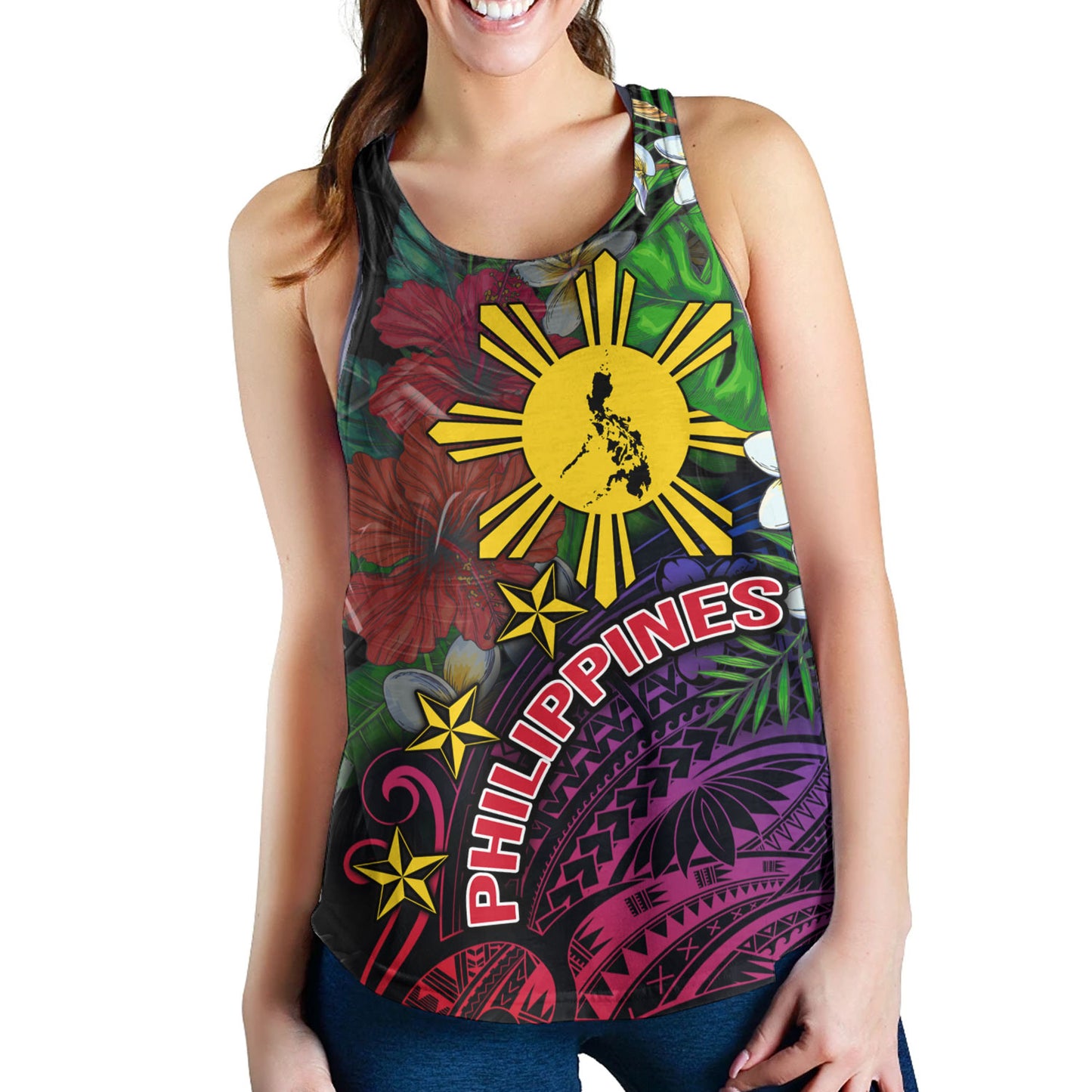Philippines Filipinos Custom Personalised Women Tank Hibiscus And Plumeria With Palm Branches Vintage Style
