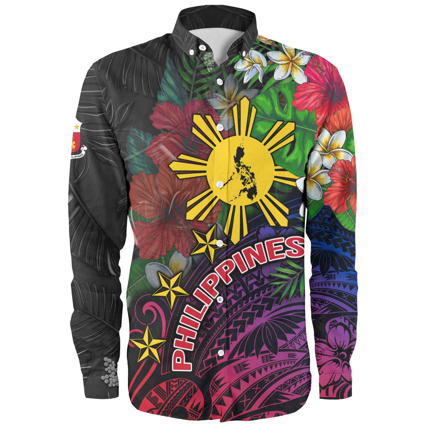 Philippines Filipinos Custom Personalised Long Sleeve Shirt Hibiscus And Plumeria With Palm Branches Vintage Style