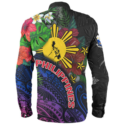 Philippines Filipinos Custom Personalised Long Sleeve Shirt Hibiscus And Plumeria With Palm Branches Vintage Style