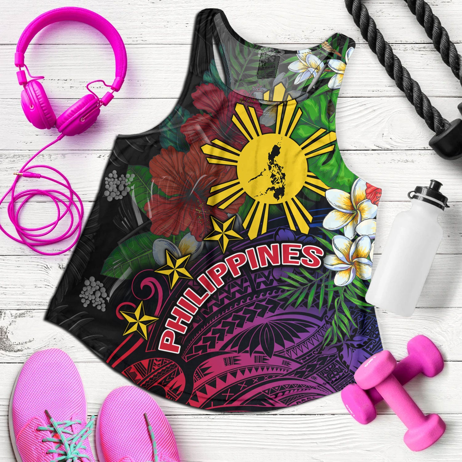 Philippines Filipinos Custom Personalised Women Tank Hibiscus And Plumeria With Palm Branches Vintage Style