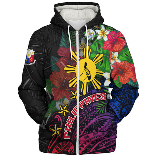 Philippines Filipinos Custom Personalised Sherpa Hoodie Hibiscus And Plumeria With Palm Branches Vintage Style