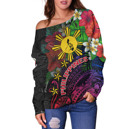 Philippines Filipinos Custom Personalised Off Shoulder Sweatshirt Hibiscus And Plumeria With Palm Branches Vintage Style