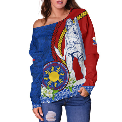 Philippines Filipinos Off Shoulder Sweatshirt Lapu Lapu King Jasmine Flowers Curve Design