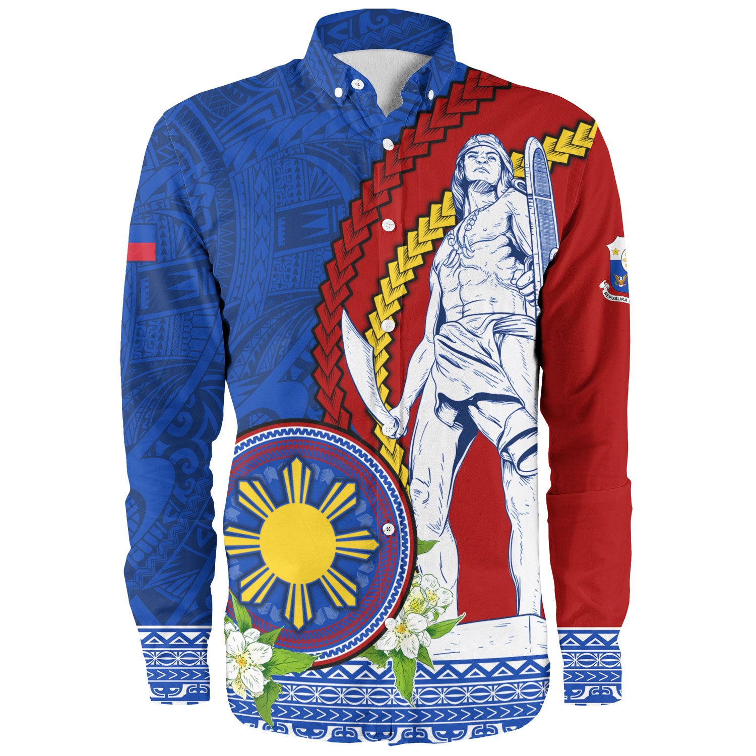 Philippines Filipinos Long Sleeve Shirt Lapu Lapu King Jasmine Flowers Curve Design