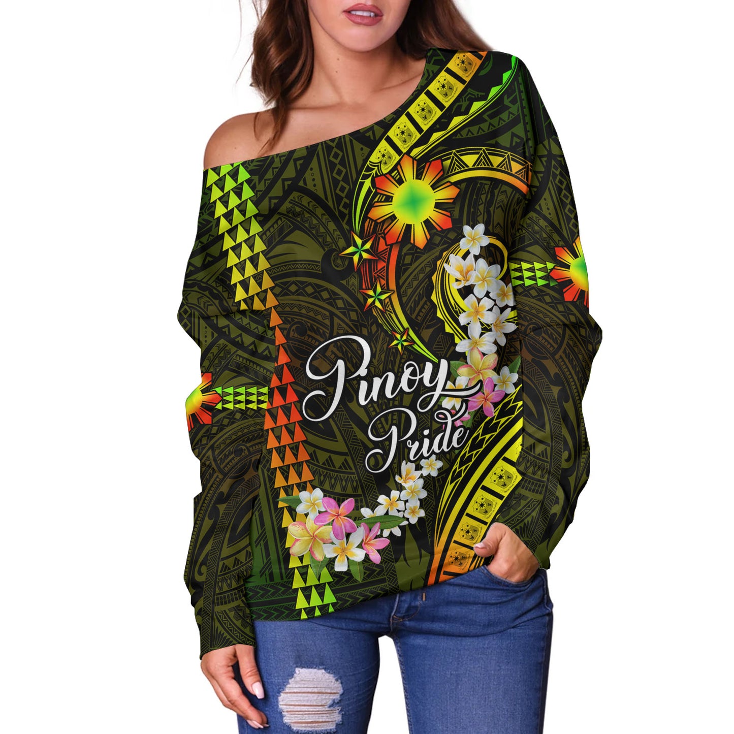 Philippines Filipinos Off Shoulder Sweatshirt Pinoy Pride Tribal Patterns Curve Style