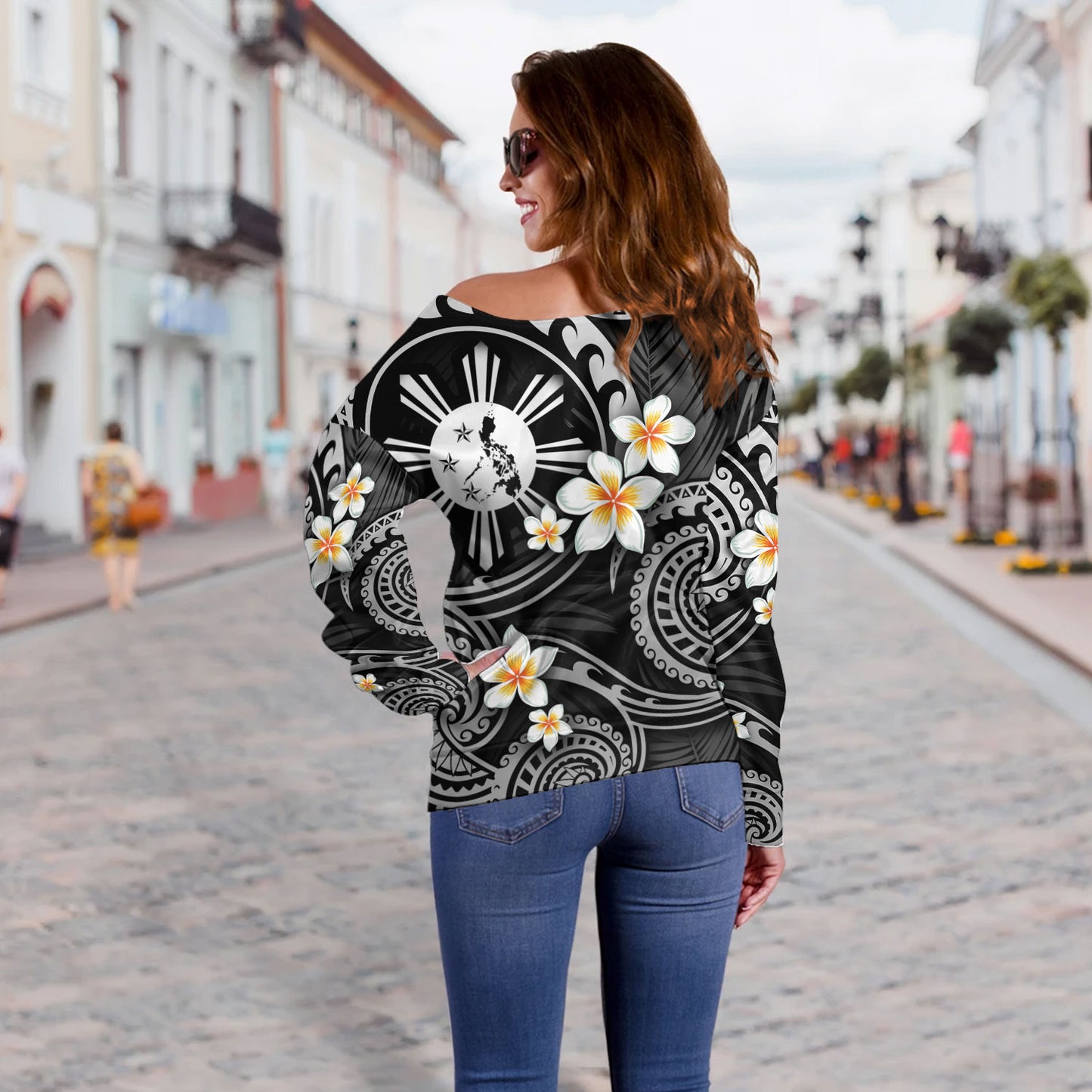 Philippines Filipinos Off Shoulder Sweatshirt Plumeria Flowers Tribal Motif Style