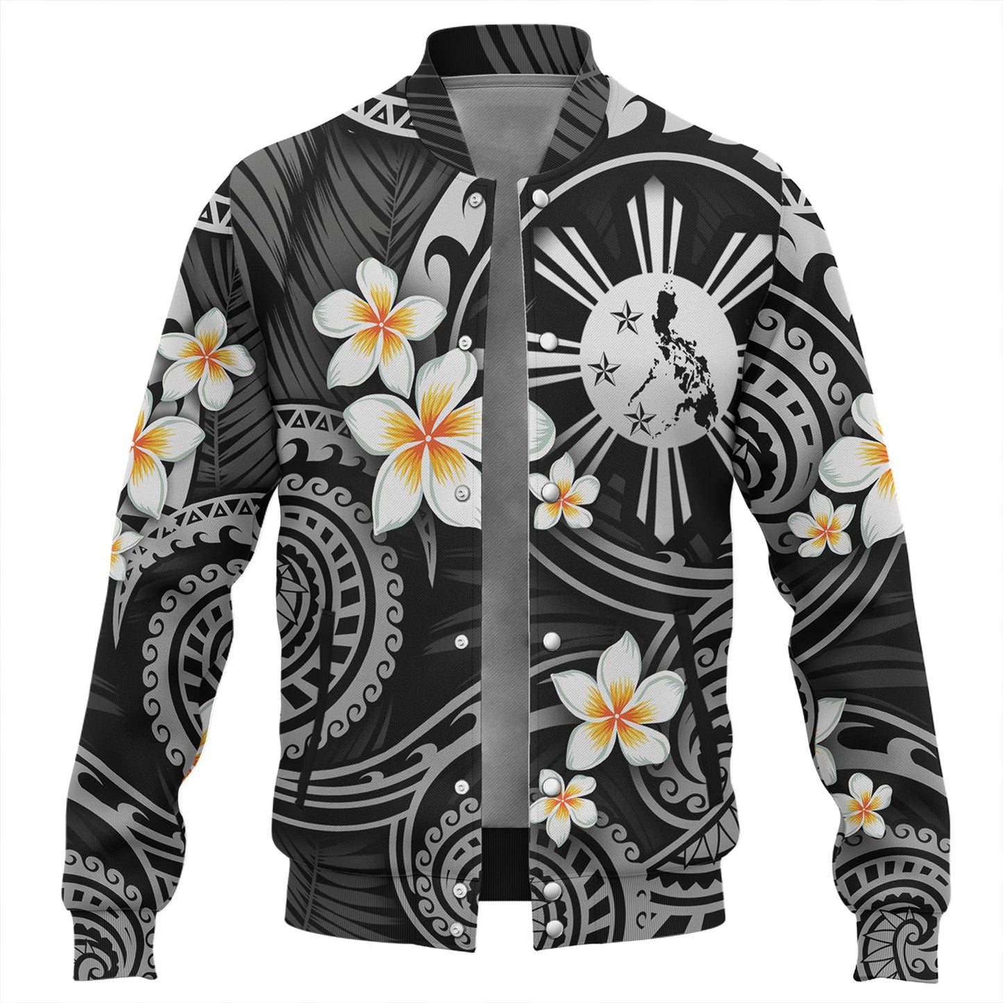 Philippines Filipinos Baseball Jacket Plumeria Flowers Tribal Motif Style