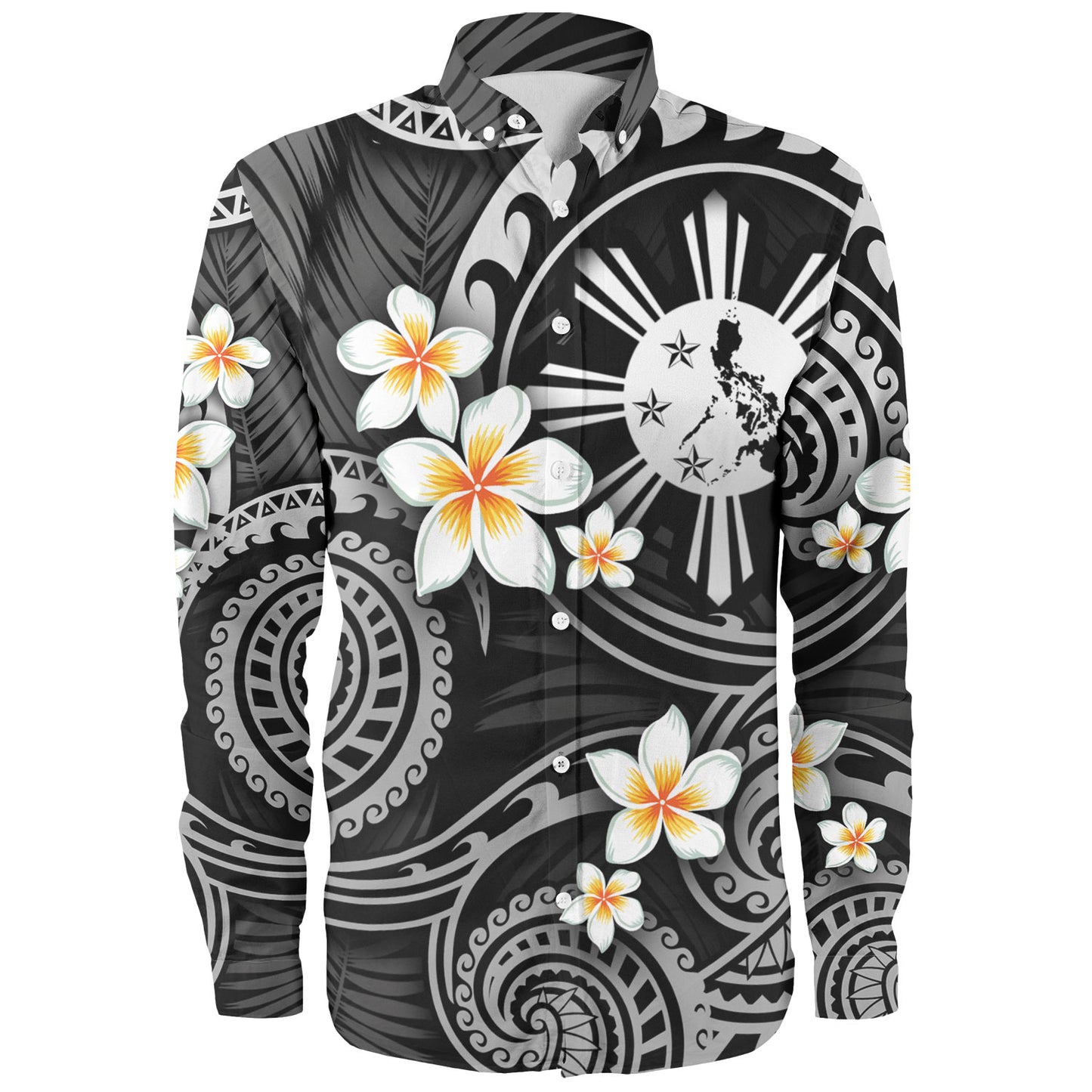 Philippines Filipinos Long Sleeve Shirt Plumeria Flowers Tribal Motif Style