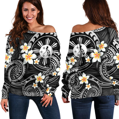 Philippines Filipinos Off Shoulder Sweatshirt Plumeria Flowers Tribal Motif Style