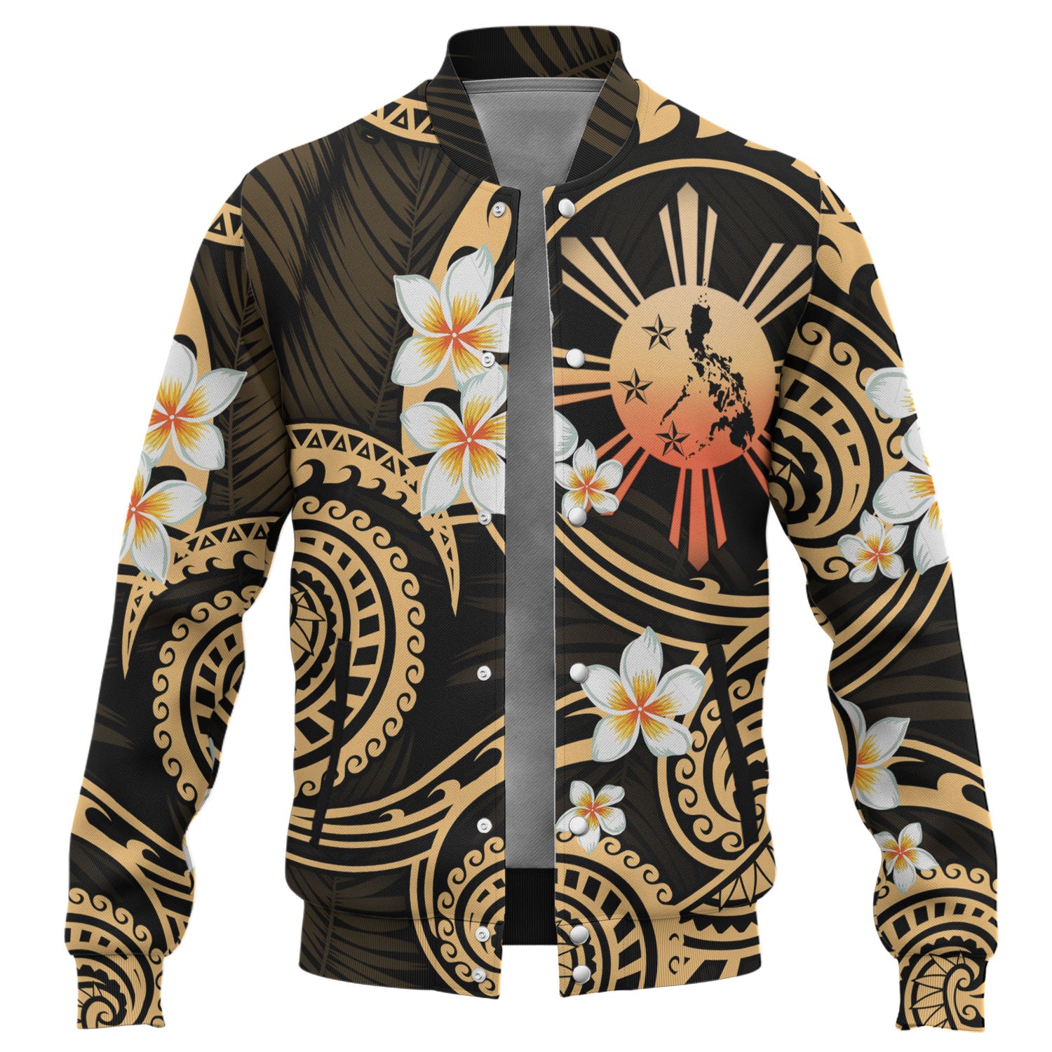 Philippines Filipinos Baseball Jacket Plumeria Flowers Tribal Motif Style