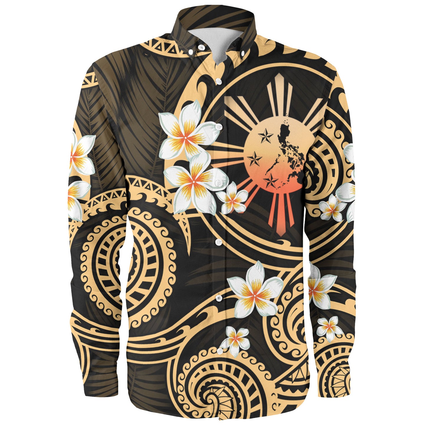 Philippines Filipinos Long Sleeve Shirt Plumeria Flowers Tribal Motif Style
