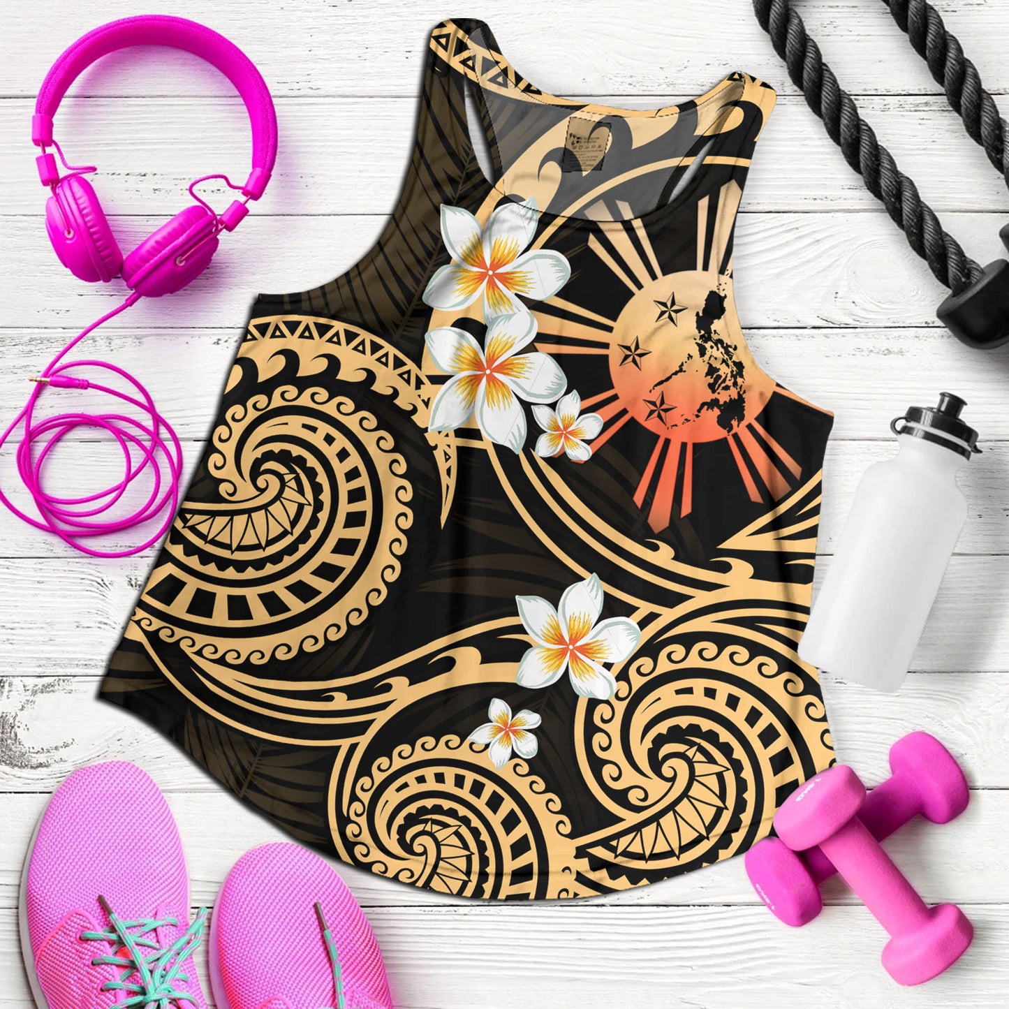 Philippines Filipinos Women Tank Plumeria Flowers Tribal Motif Style