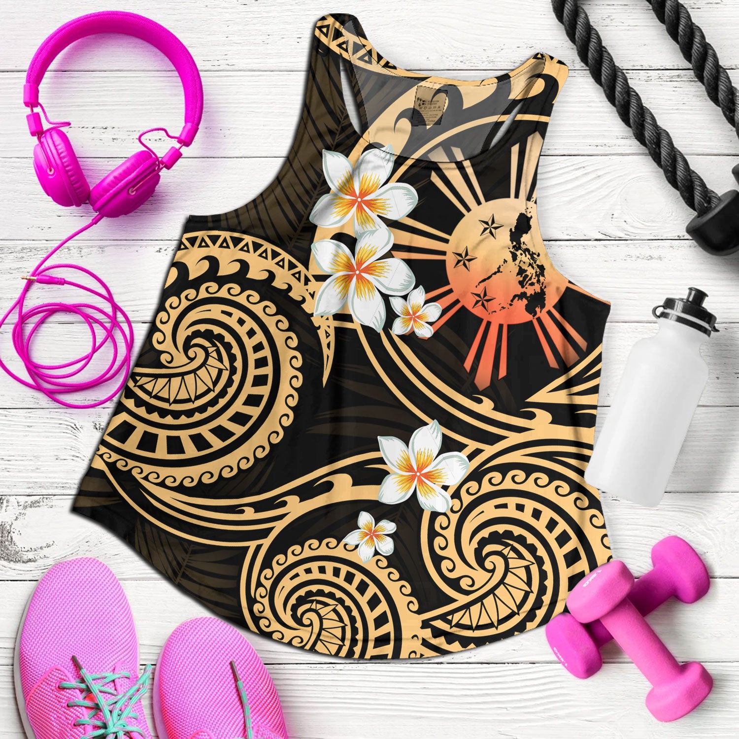 Philippines Filipinos Women Tank Plumeria Flowers Tribal Motif Style