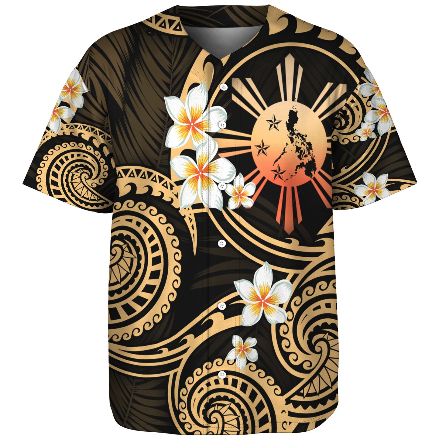 Philippines Filipinos Baseball Shirt Plumeria Flowers Tribal Motif Style
