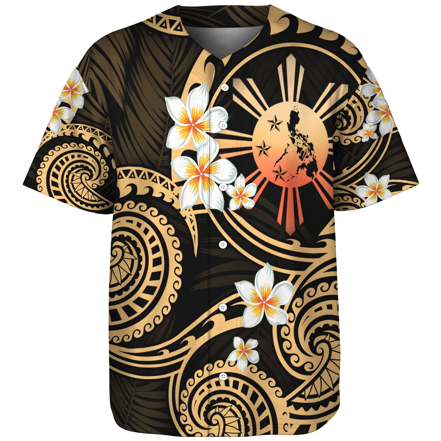 Philippines Filipinos Baseball Shirt Plumeria Flowers Tribal Motif Style