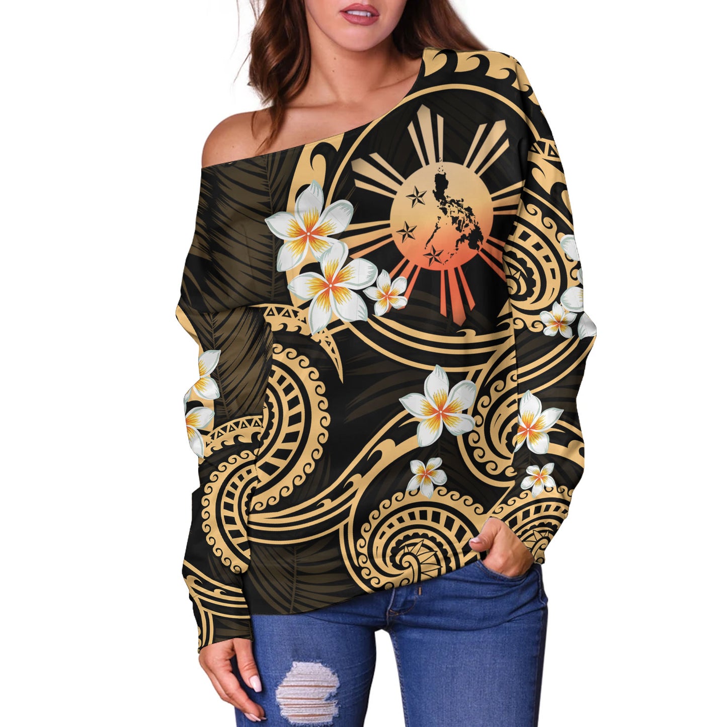 Philippines Filipinos Off Shoulder Sweatshirt Plumeria Flowers Tribal Motif Style