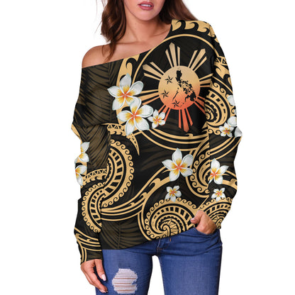 Philippines Filipinos Off Shoulder Sweatshirt Plumeria Flowers Tribal Motif Style