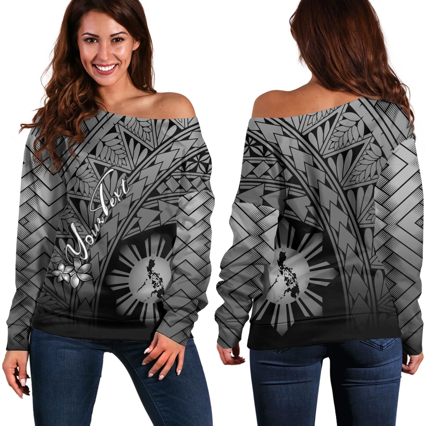 Philippines Filipinos Custom Personalised Off Shoulder Sweatshirt Plumeria Tattoo Tribal