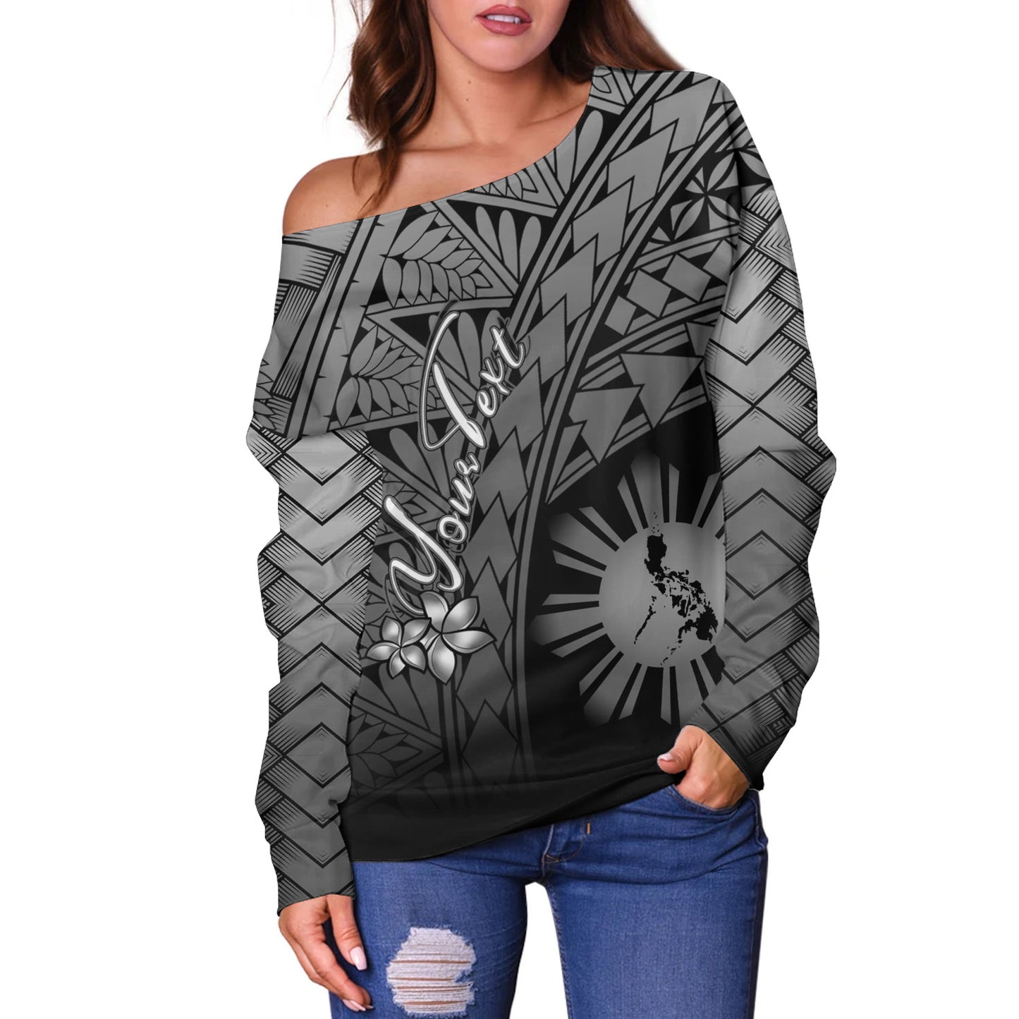 Philippines Filipinos Custom Personalised Off Shoulder Sweatshirt Plumeria Tattoo Tribal