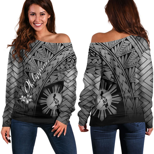 Philippines Filipinos Custom Personalised Off Shoulder Sweatshirt Plumeria Tattoo Tribal