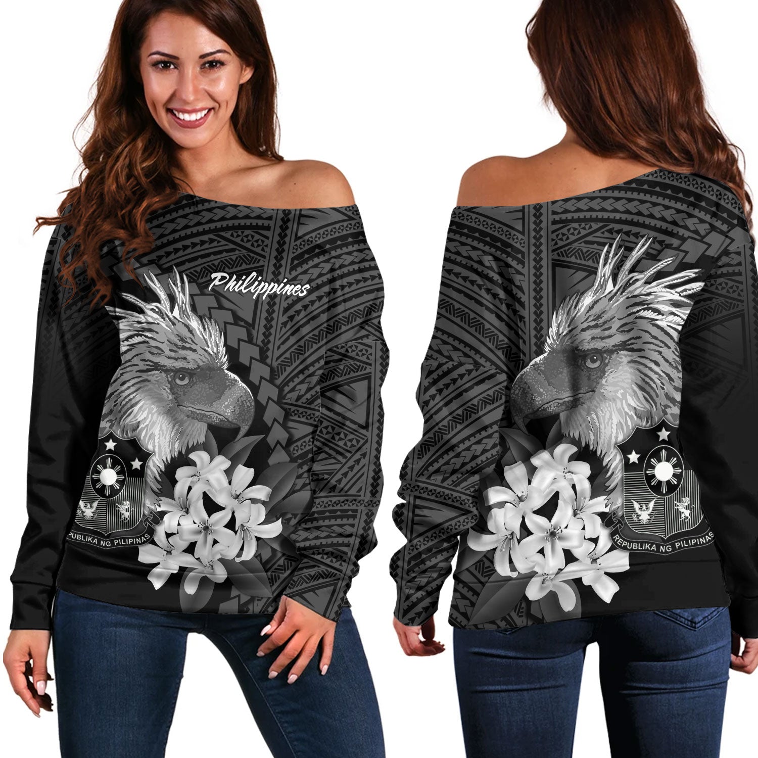 Philippines Filipinos Custom Personalised Off Shoulder Sweatshirt Sampaguita Jasmine Philippines Eagle Tattoo Tribal