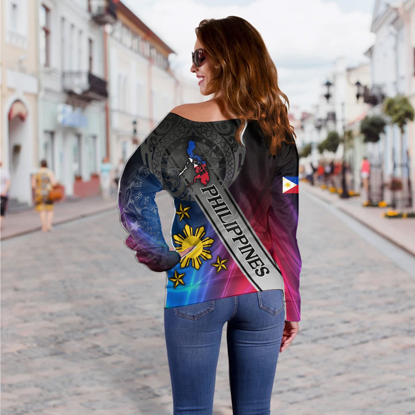 Philippines Filipinos Off Shoulder Sweatshirt Seal Map Curve Style