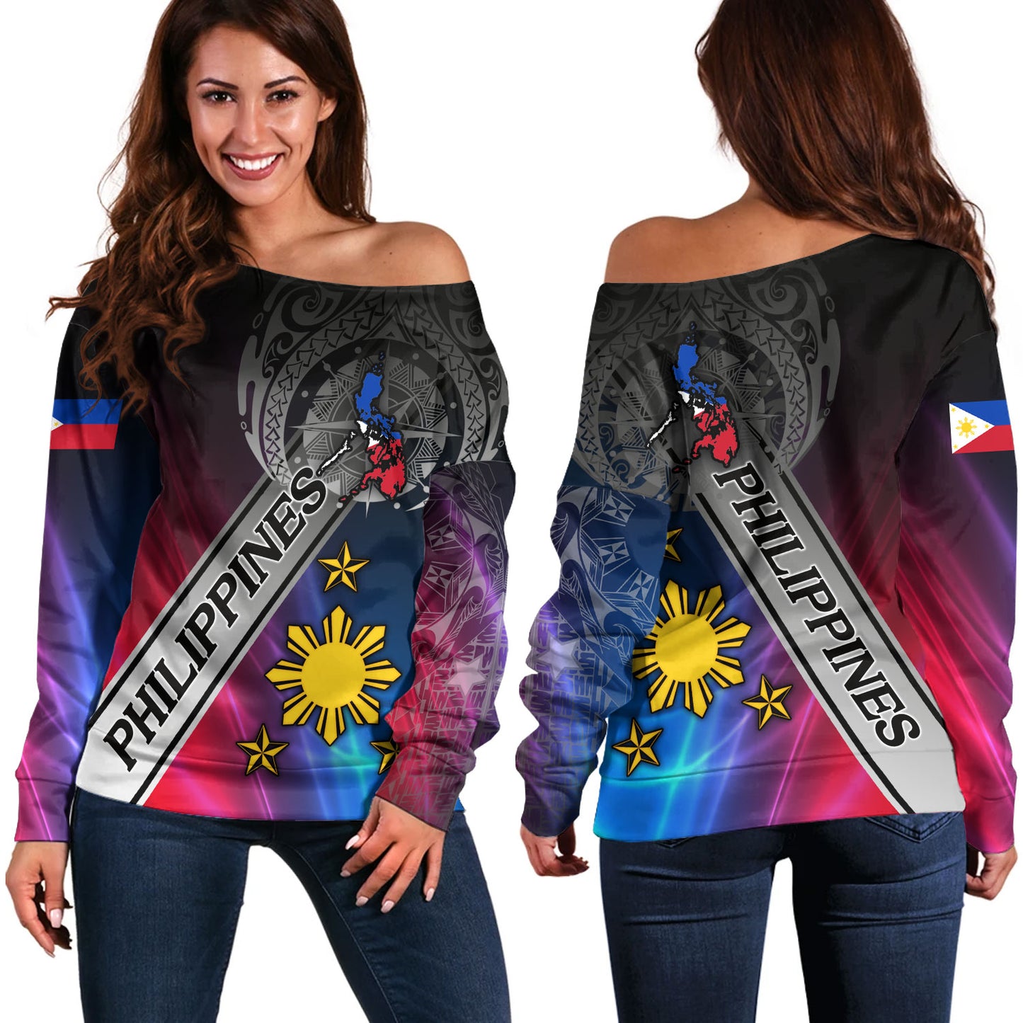 Philippines Filipinos Off Shoulder Sweatshirt Seal Map Curve Style
