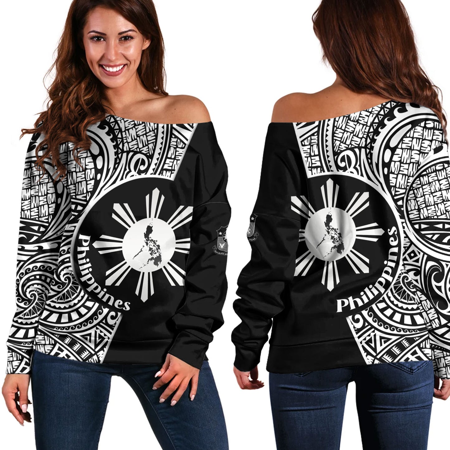 Philippines Filipinos Custom Personalised Off Shoulder Sweatshirt Sun And Map Lauhala Patterns Style