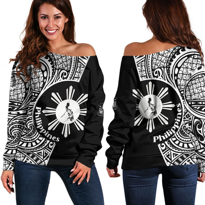 Philippines Filipinos Custom Personalised Off Shoulder Sweatshirt Sun And Map Lauhala Patterns Style