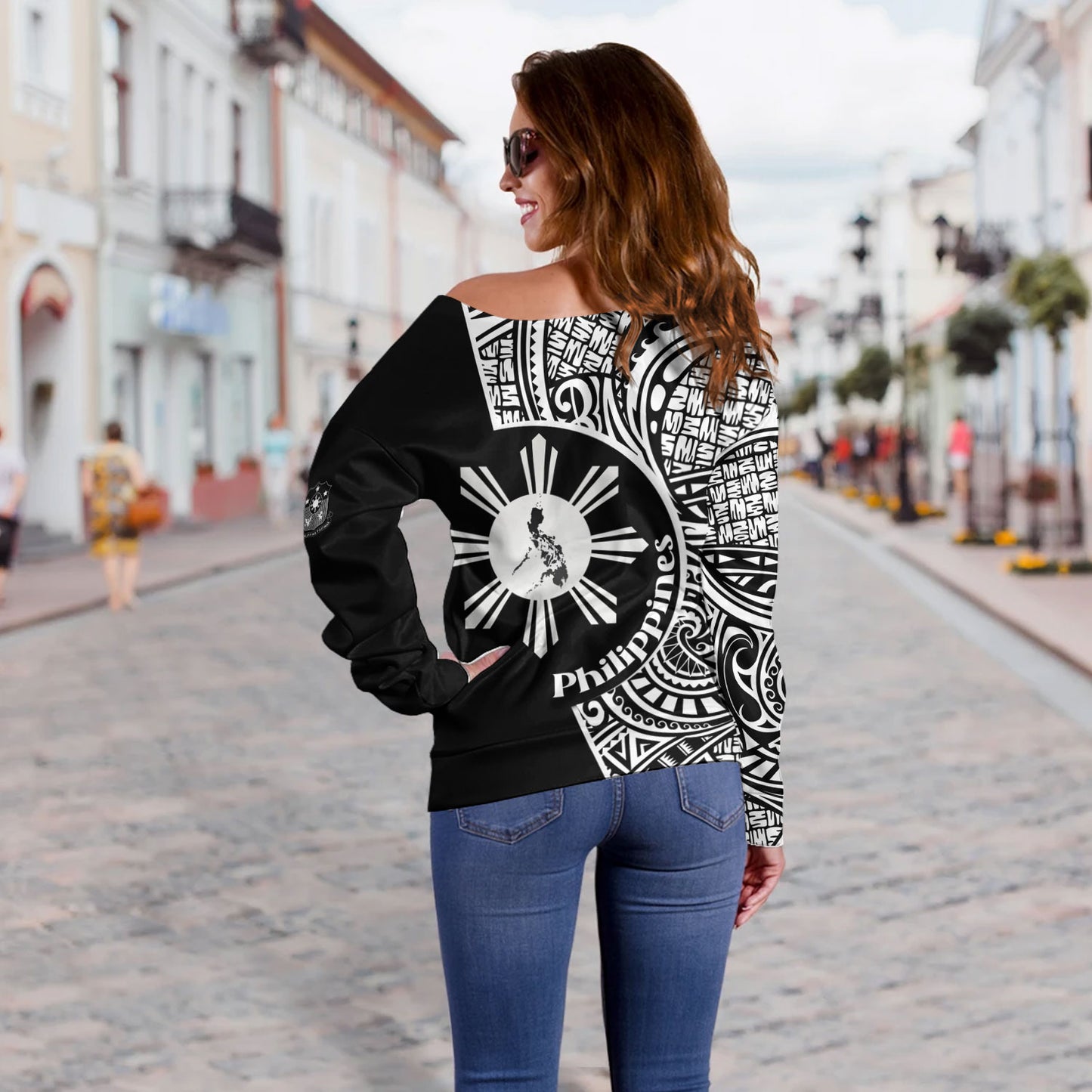 Philippines Filipinos Custom Personalised Off Shoulder Sweatshirt Sun And Map Lauhala Patterns Style