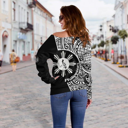 Philippines Filipinos Custom Personalised Off Shoulder Sweatshirt Sun And Map Lauhala Patterns Style