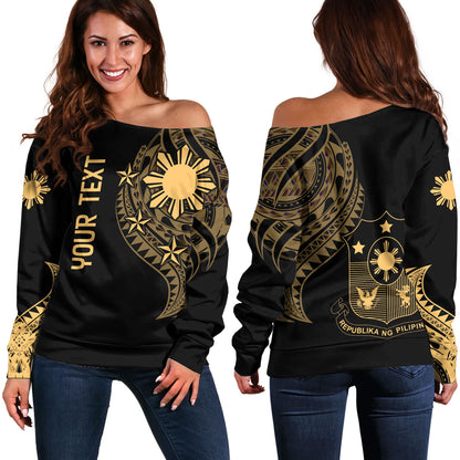 Philippines Filipinos Custom Personalised Off Shoulder Sweatshirt Tatau Gold Pattern