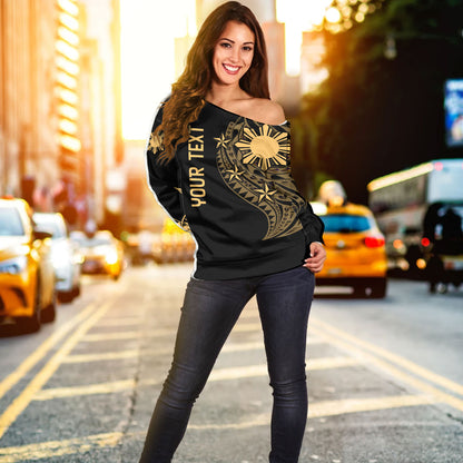 Philippines Filipinos Custom Personalised Off Shoulder Sweatshirt Tatau Gold Pattern