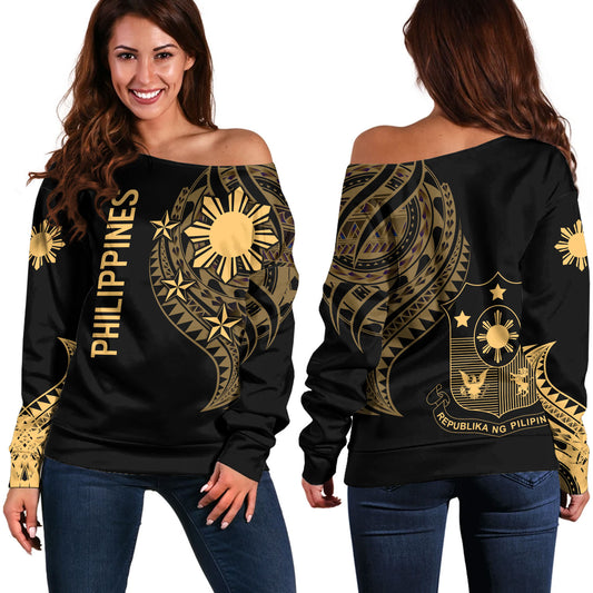 Philippines Filipinos Custom Personalised Off Shoulder Sweatshirt Tatau Gold Pattern