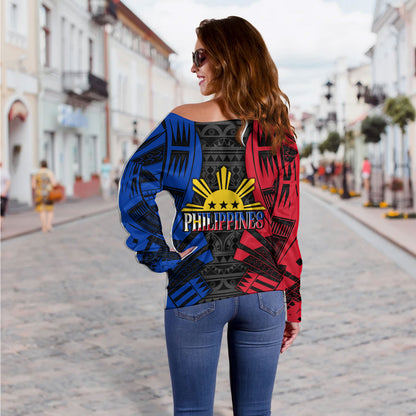Philippines Filipinos Custom Personalised Off Shoulder Sweatshirt Tattoo Style