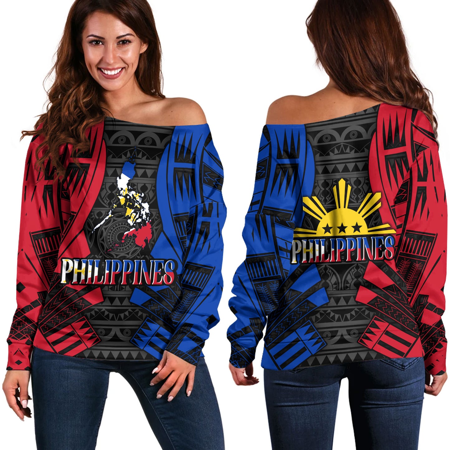 Philippines Filipinos Custom Personalised Off Shoulder Sweatshirt Tattoo Style