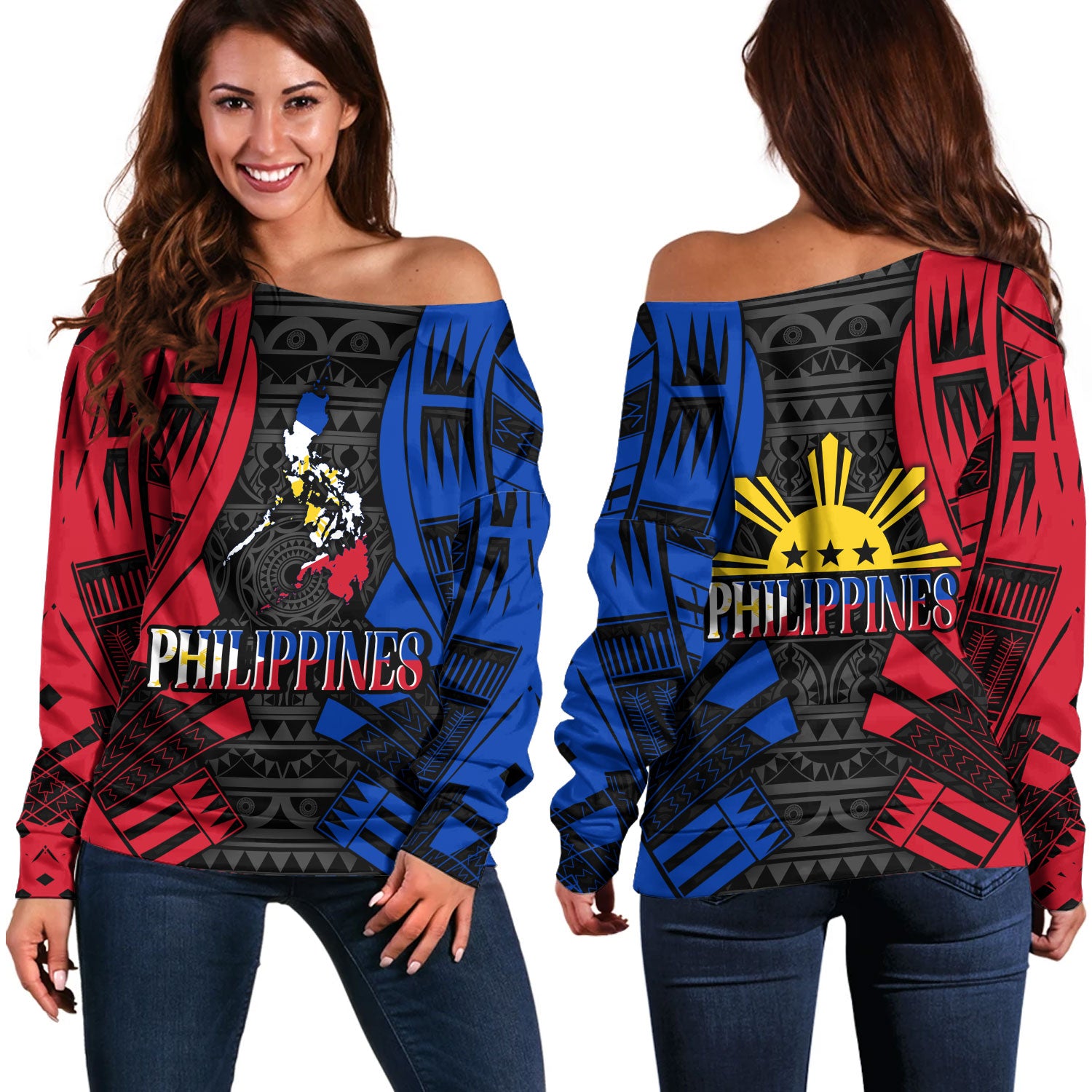 Philippines Filipinos Custom Personalised Off Shoulder Sweatshirt Tattoo Style