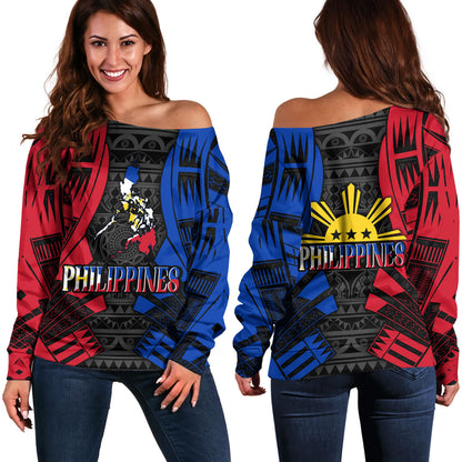 Philippines Filipinos Custom Personalised Off Shoulder Sweatshirt Tattoo Style