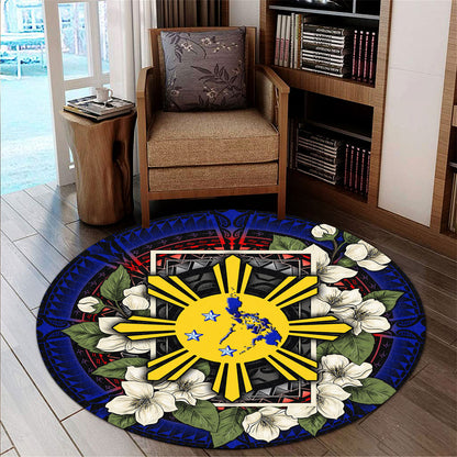 Philippines Filipino Round Rug Sun And Map Jasmine Flowers Vintage Style